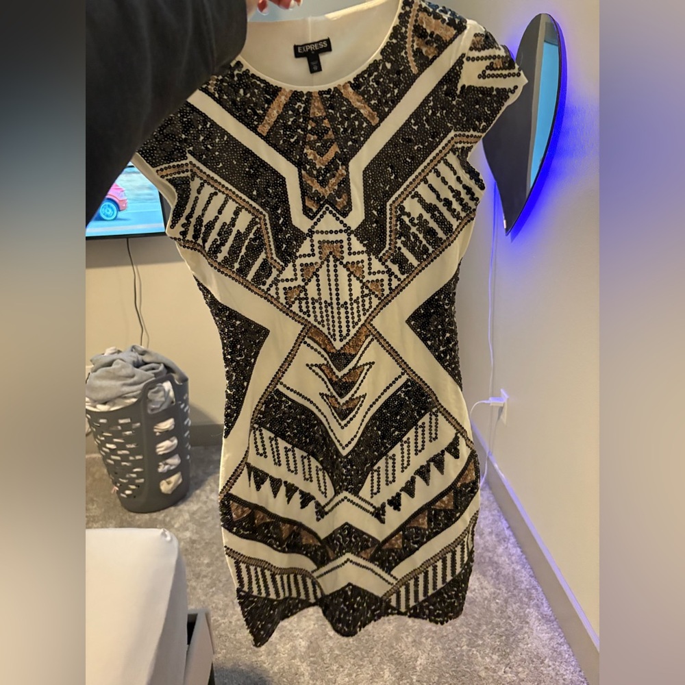 Express Black and Gold Sheath Mini Dress